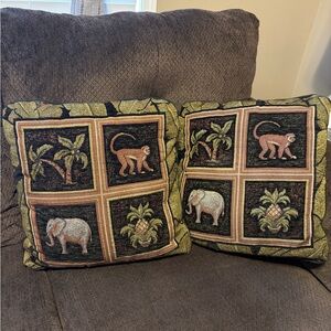 Elephant, monkey, palm tree, pineapple tapestry throw pillows. Print both sides